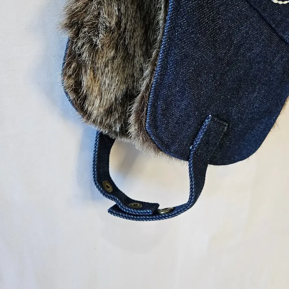 True Religion Earflap Cap Hat Faux Fur Denim Winter